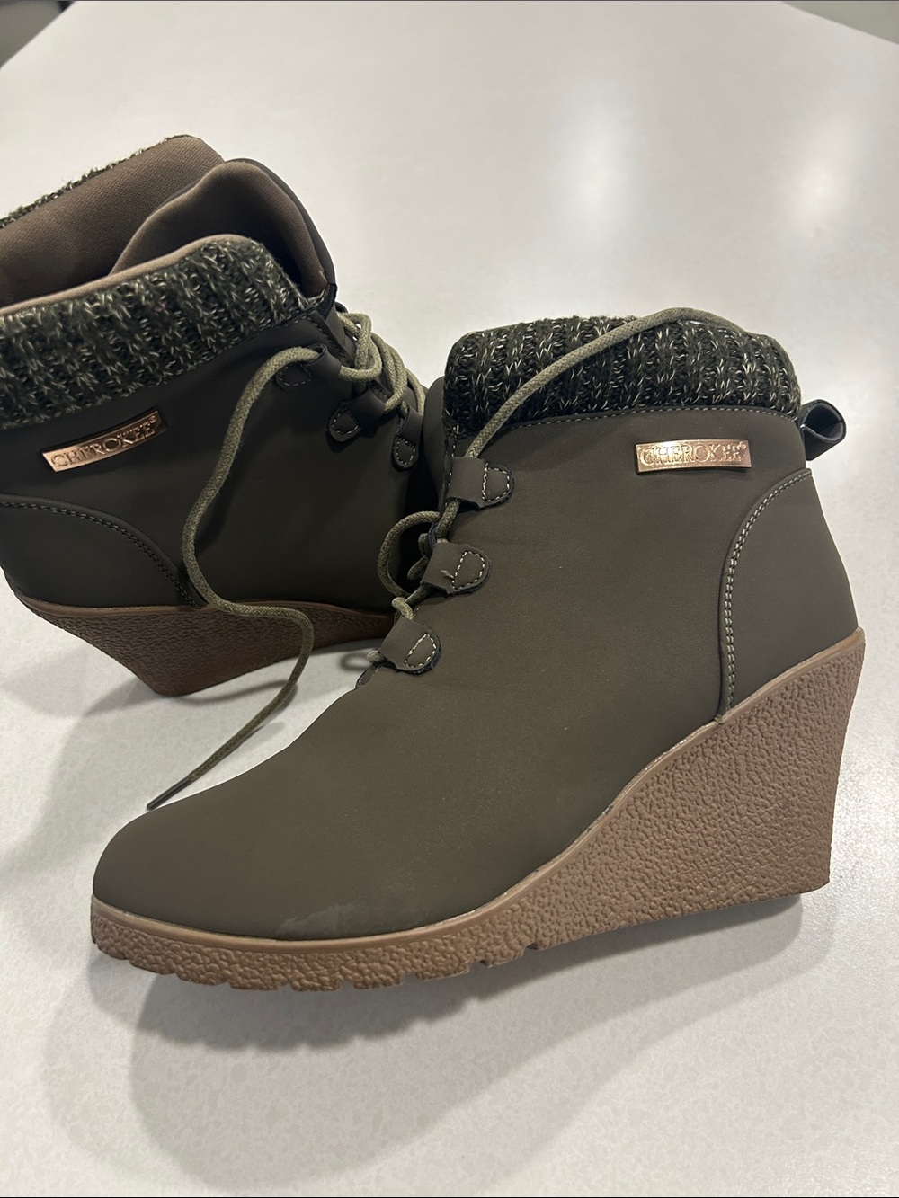 Cherokee Cushioned Wedge Ankle Boots in Olive with Knit Collar -